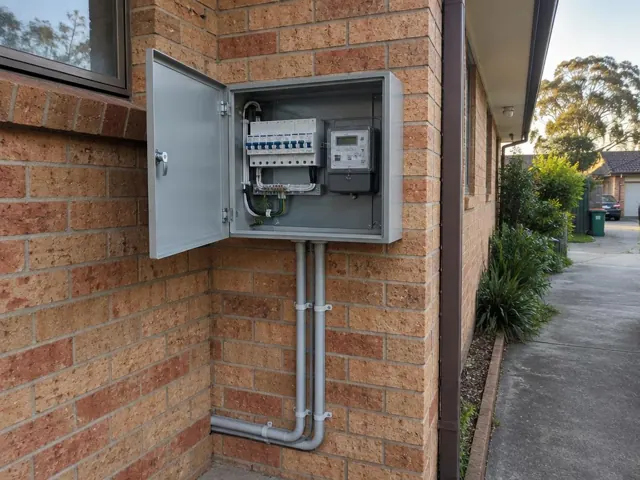 Open outdoor switchboard and meter box on a brick house wall in Waratah West